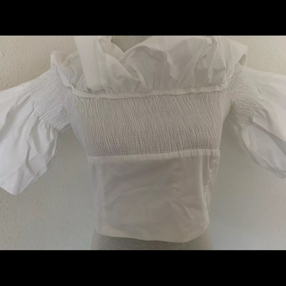 ZARA Womens Junior Girls Size L White Cropped Top Blouse Short Ruffle Sleeve - Picture 5 of 16